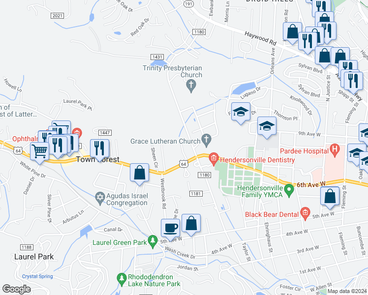 map of restaurants, bars, coffee shops, grocery stores, and more near 710 Oak Terrace Lane in Hendersonville