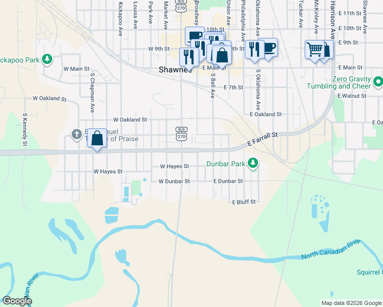 map of restaurants, bars, coffee shops, grocery stores, and more near 521 South Beard Street in Shawnee