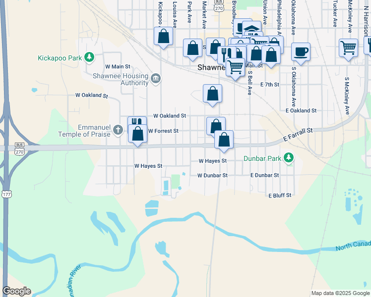 map of restaurants, bars, coffee shops, grocery stores, and more near 523 South Park Avenue in Shawnee