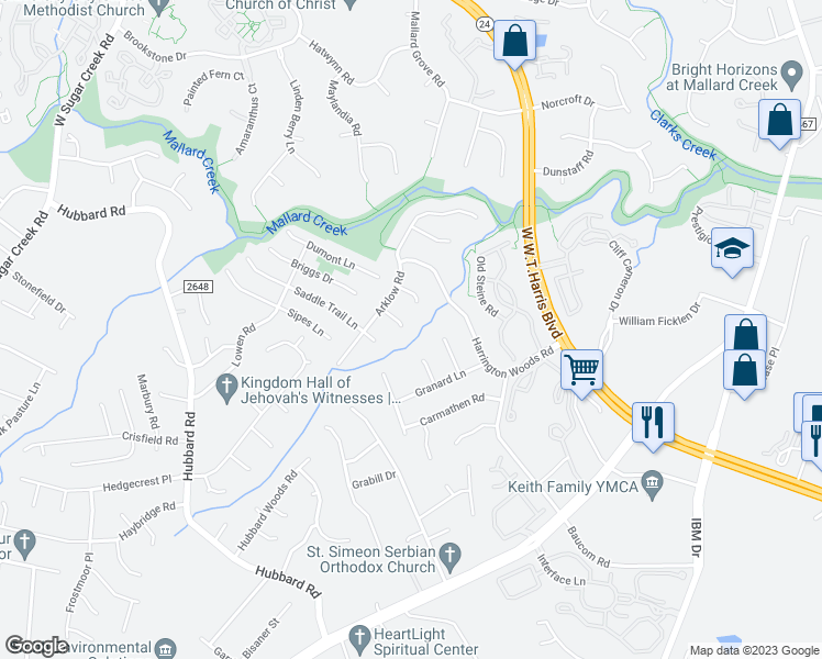 map of restaurants, bars, coffee shops, grocery stores, and more near 7723 Karylsturn Court in Charlotte