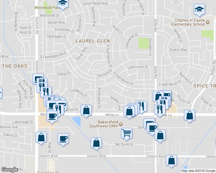 map of restaurants, bars, coffee shops, grocery stores, and more near 7021 Chalmette Drive in Bakersfield