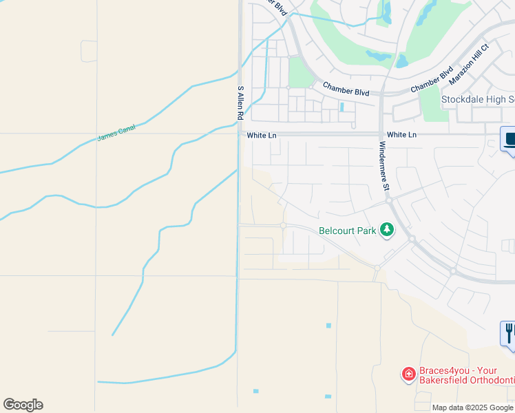 map of restaurants, bars, coffee shops, grocery stores, and more near 3612 Pathway Court in Bakersfield