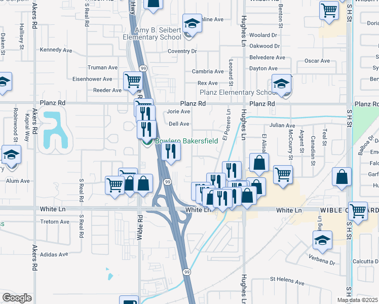 map of restaurants, bars, coffee shops, grocery stores, and more near 2802 El Berrendo Avenue in Bakersfield
