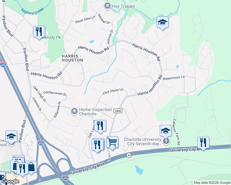 map of restaurants, bars, coffee shops, grocery stores, and more near 2201 Flint Glenn Lane in Charlotte