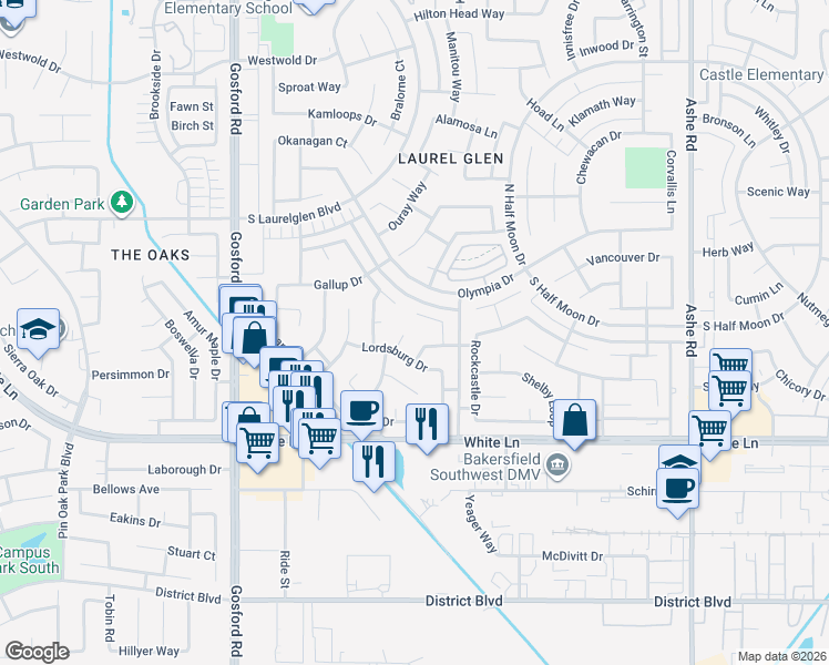 map of restaurants, bars, coffee shops, grocery stores, and more near 3604 Lordsburg Court in Bakersfield