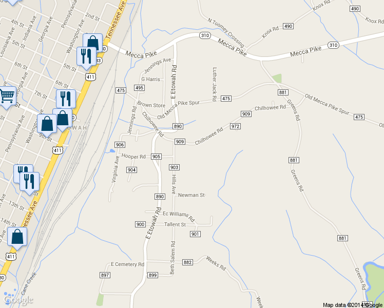 map of restaurants, bars, coffee shops, grocery stores, and more near 161 County Road 909 in Etowah