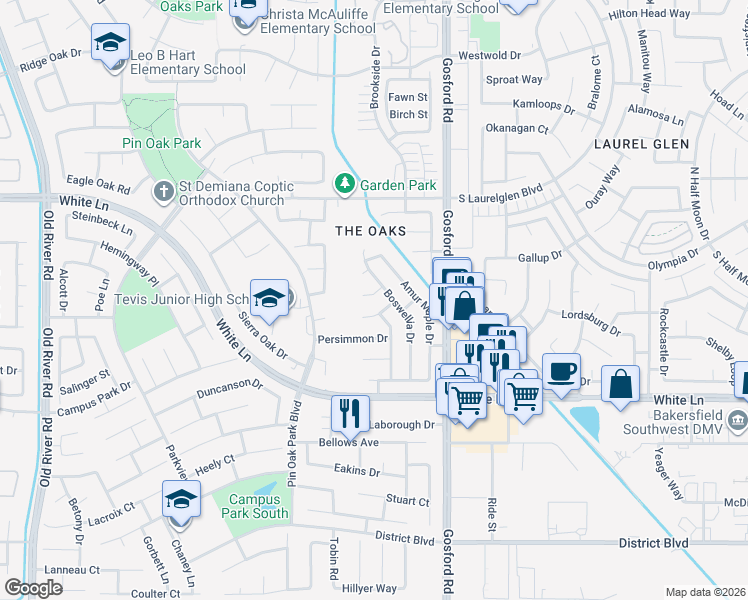map of restaurants, bars, coffee shops, grocery stores, and more near 8315 Hemlock Court in Bakersfield