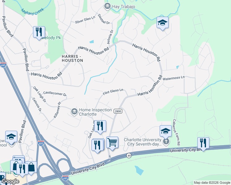 map of restaurants, bars, coffee shops, grocery stores, and more near 2201 Flint Glenn Lane in Charlotte