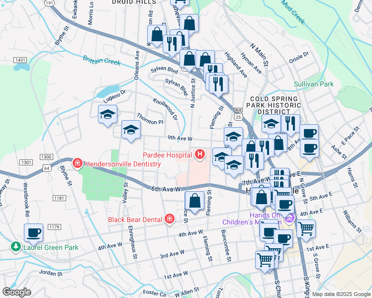 map of restaurants, bars, coffee shops, grocery stores, and more near 831 North Justice Street in Hendersonville