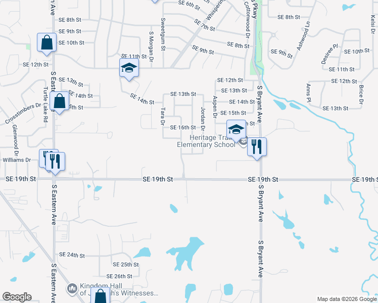 map of restaurants, bars, coffee shops, grocery stores, and more near 1812 Meadow Run Drive in Moore