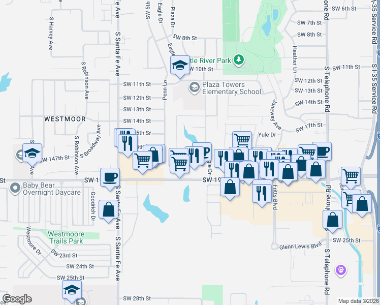map of restaurants, bars, coffee shops, grocery stores, and more near 817 Eric Circle in Moore