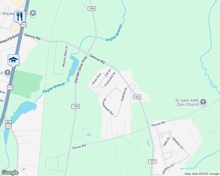 map of restaurants, bars, coffee shops, grocery stores, and more near 103 Arrowhead Road in Wayne County