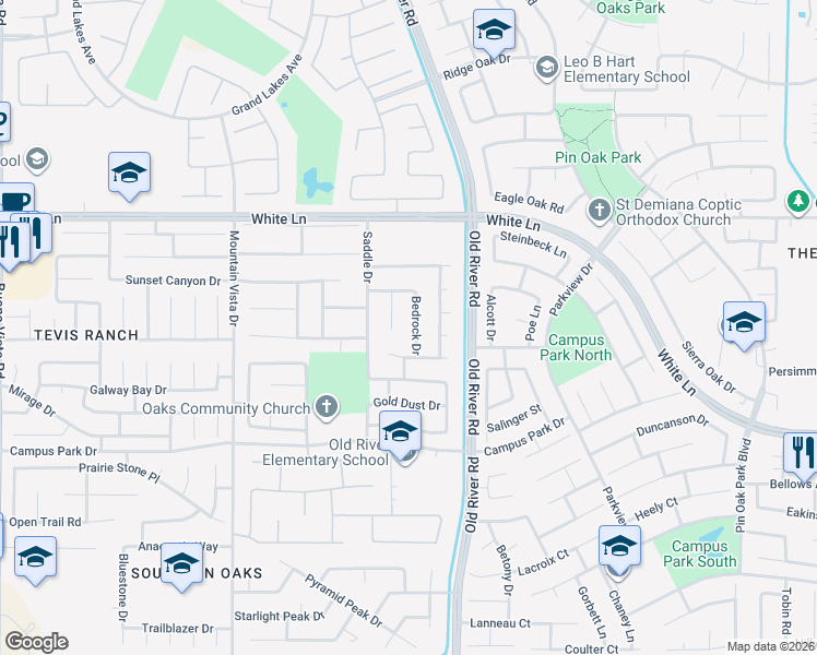 map of restaurants, bars, coffee shops, grocery stores, and more near 3625 Bedrock Drive in Bakersfield