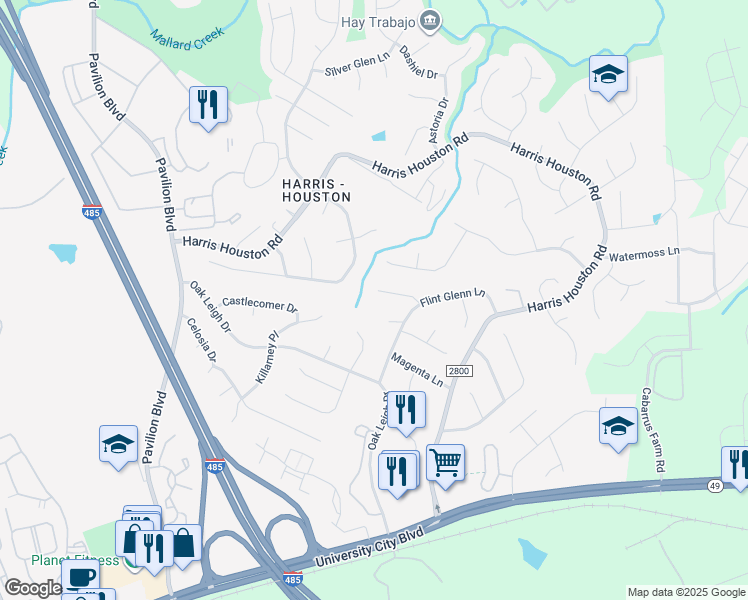 map of restaurants, bars, coffee shops, grocery stores, and more near 10721 Downpatrick Place in Charlotte