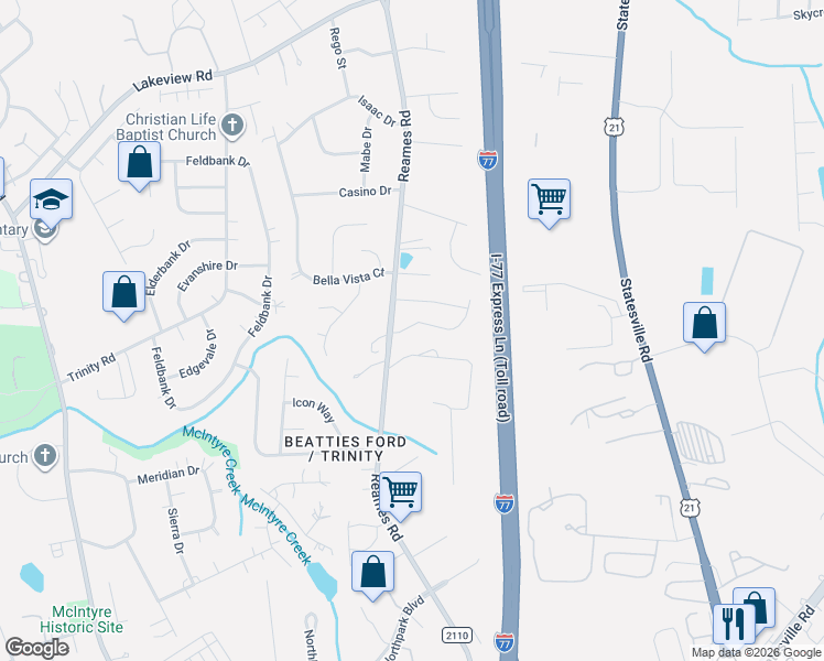 map of restaurants, bars, coffee shops, grocery stores, and more near 6623 Broad Valley Court in Charlotte