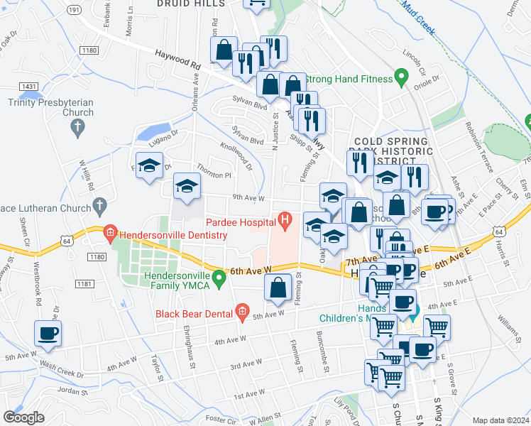 map of restaurants, bars, coffee shops, grocery stores, and more near 831 North Justice Street in Hendersonville