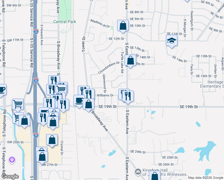 map of restaurants, bars, coffee shops, grocery stores, and more near 700 Wood Hollow Lane in Moore