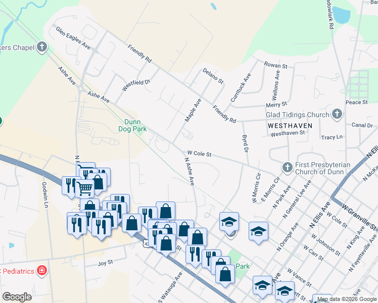 map of restaurants, bars, coffee shops, grocery stores, and more near 1404 West Cole Street in Dunn