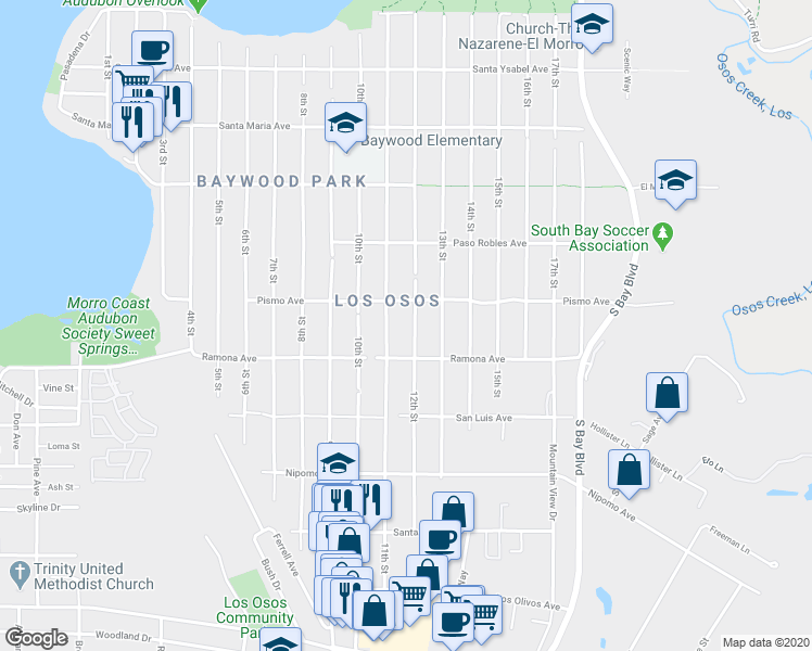 map of restaurants, bars, coffee shops, grocery stores, and more near 1635 12th Street in Baywood-Los Osos