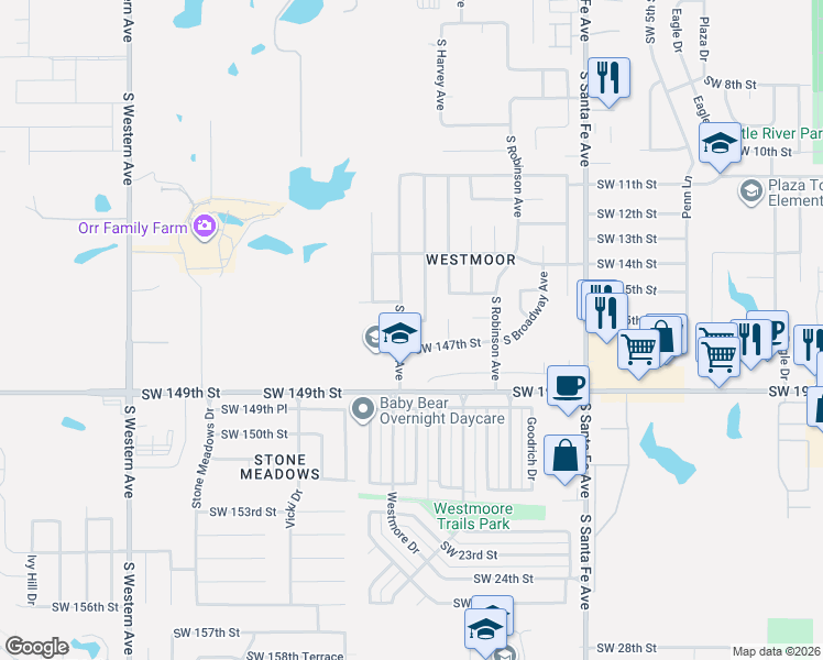 map of restaurants, bars, coffee shops, grocery stores, and more near 312 Southwest 146th Street in Oklahoma City