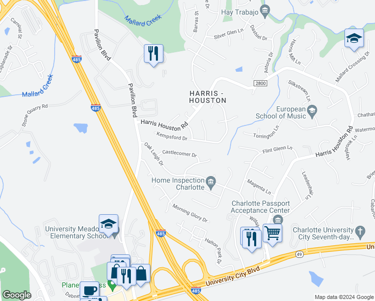 map of restaurants, bars, coffee shops, grocery stores, and more near 2336 Castlecomer Drive in Charlotte