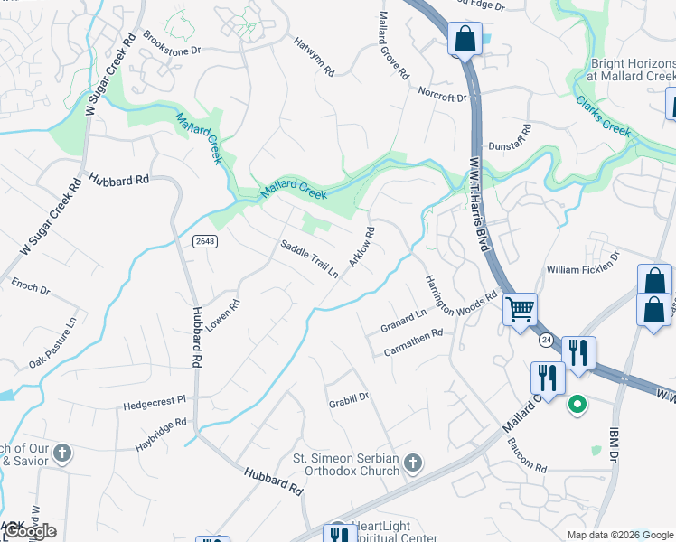 map of restaurants, bars, coffee shops, grocery stores, and more near 7641 Saddle Trail Lane in Charlotte