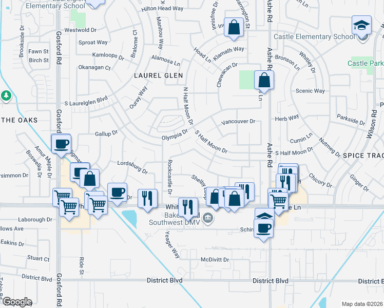 map of restaurants, bars, coffee shops, grocery stores, and more near 6824 Lafayette Way in Bakersfield