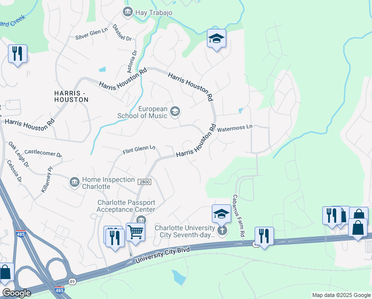 map of restaurants, bars, coffee shops, grocery stores, and more near 11043 Shandon Way Lane in Charlotte