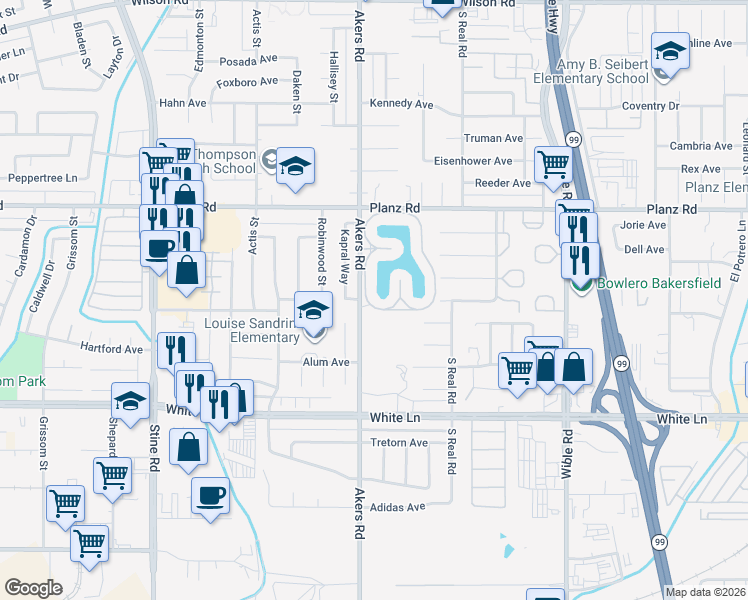 map of restaurants, bars, coffee shops, grocery stores, and more near 4131 Pinewood Lake Drive in Bakersfield