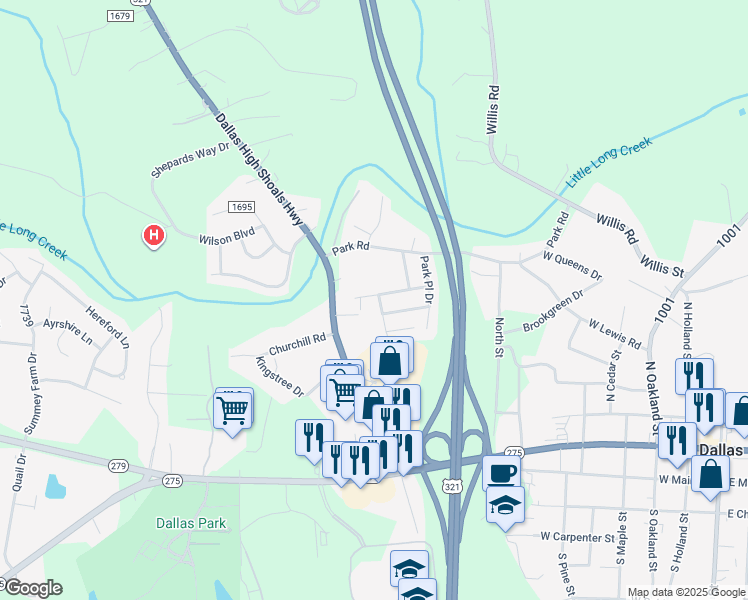map of restaurants, bars, coffee shops, grocery stores, and more near 5577 Katherine Court in Dallas