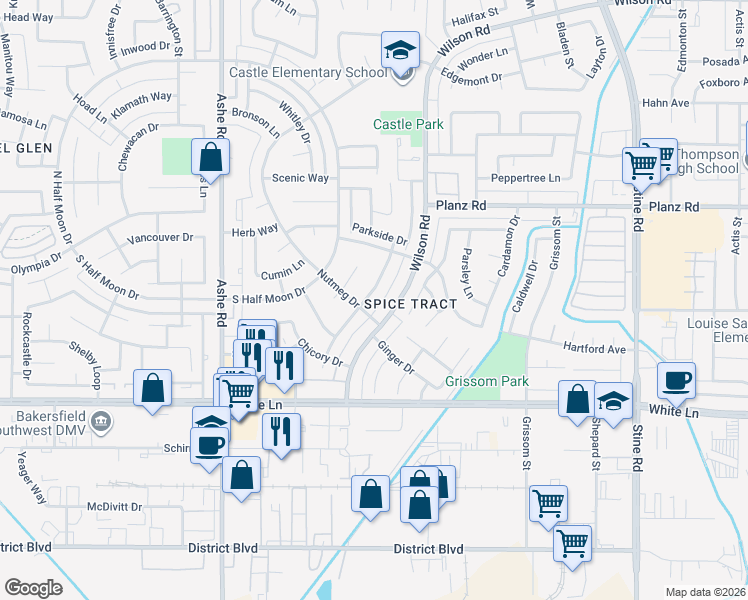 map of restaurants, bars, coffee shops, grocery stores, and more near 3525 Sesame Street in Bakersfield