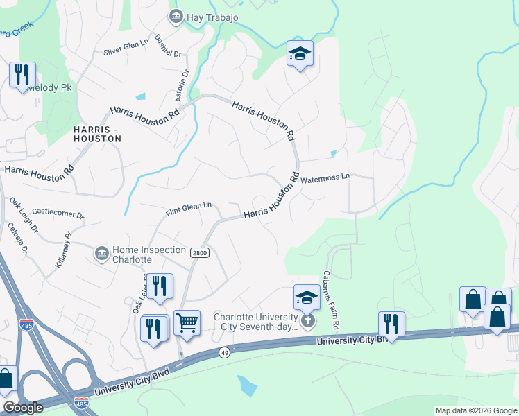 map of restaurants, bars, coffee shops, grocery stores, and more near 11001 Shandon Way Lane in Charlotte