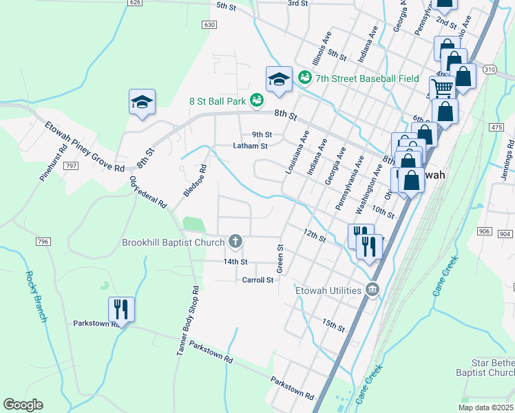 map of restaurants, bars, coffee shops, grocery stores, and more near 704 Brookhill Dr in Etowah