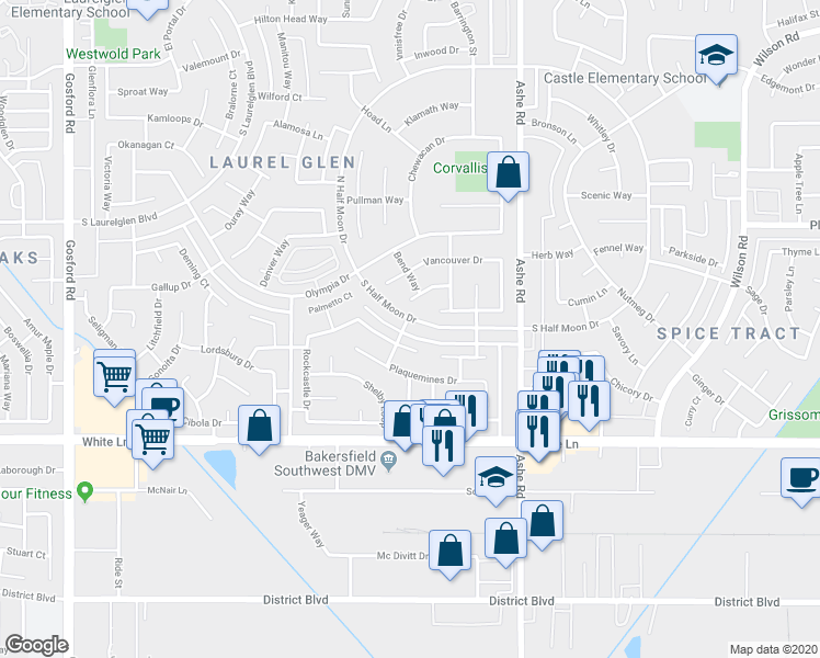 map of restaurants, bars, coffee shops, grocery stores, and more near 6617 North Half Moon Drive in Bakersfield