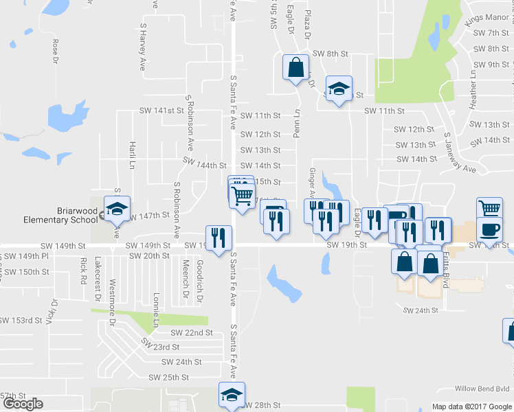 map of restaurants, bars, coffee shops, grocery stores, and more near 1000 Southwest 16th Street in Moore