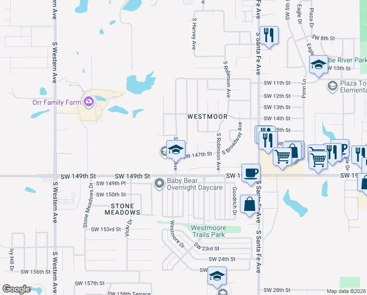 map of restaurants, bars, coffee shops, grocery stores, and more near 308 Southwest 146th Street in Oklahoma City