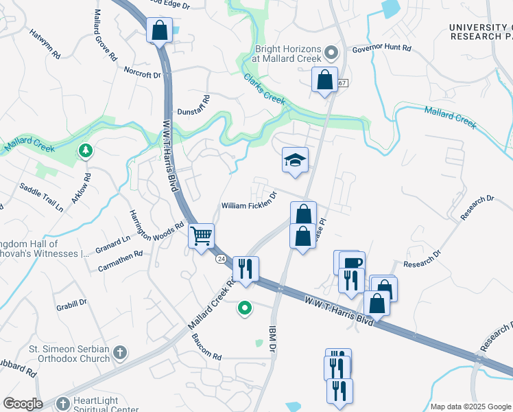 map of restaurants, bars, coffee shops, grocery stores, and more near 8672 William Ficklen Drive in Charlotte
