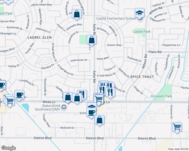 map of restaurants, bars, coffee shops, grocery stores, and more near Ashe Rd & S Half Moon Dr in Bakersfield