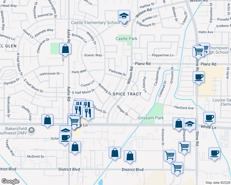 map of restaurants, bars, coffee shops, grocery stores, and more near 3525 Sesame Street in Bakersfield