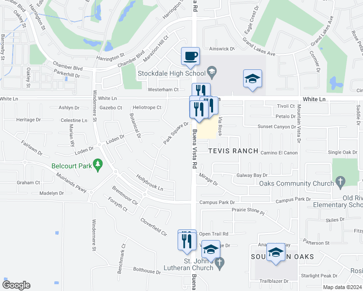 map of restaurants, bars, coffee shops, grocery stores, and more near 11325 Park Square Drive in Bakersfield