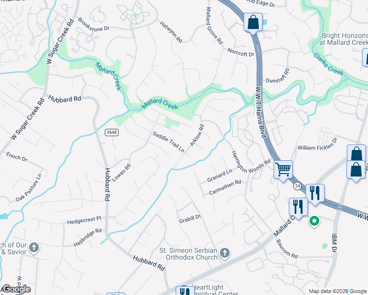 map of restaurants, bars, coffee shops, grocery stores, and more near 7641 Saddle Trail Lane in Charlotte