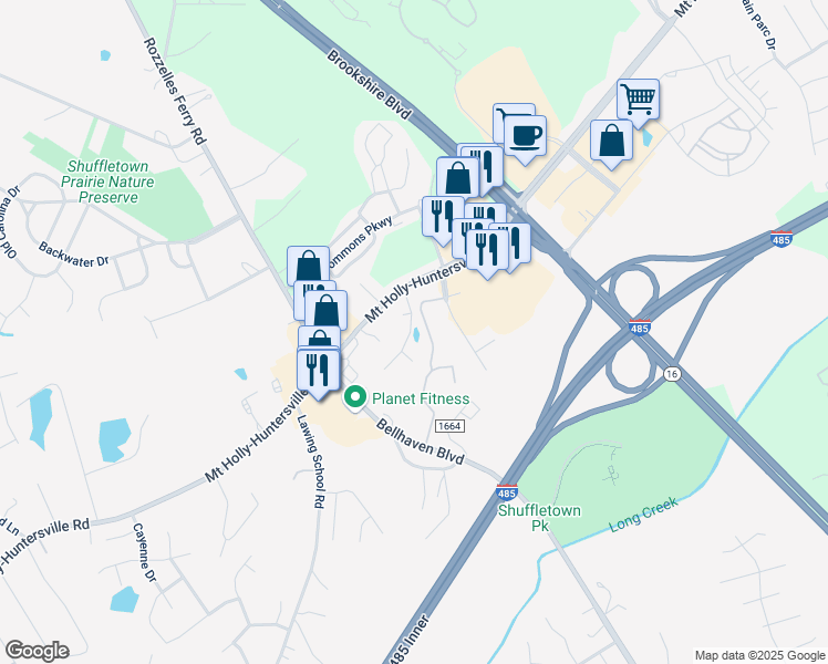 map of restaurants, bars, coffee shops, grocery stores, and more near 10016 Season Grove Lane in Charlotte