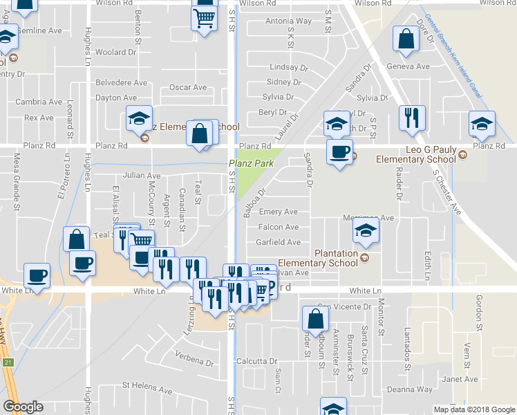 map of restaurants, bars, coffee shops, grocery stores, and more near 1508 Emery Avenue in Bakersfield