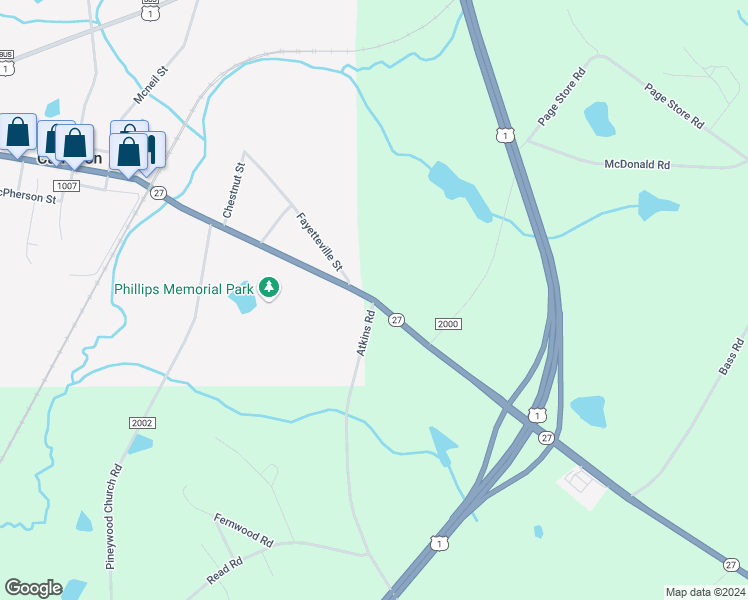 map of restaurants, bars, coffee shops, grocery stores, and more near 250 Atkins Road in Cameron