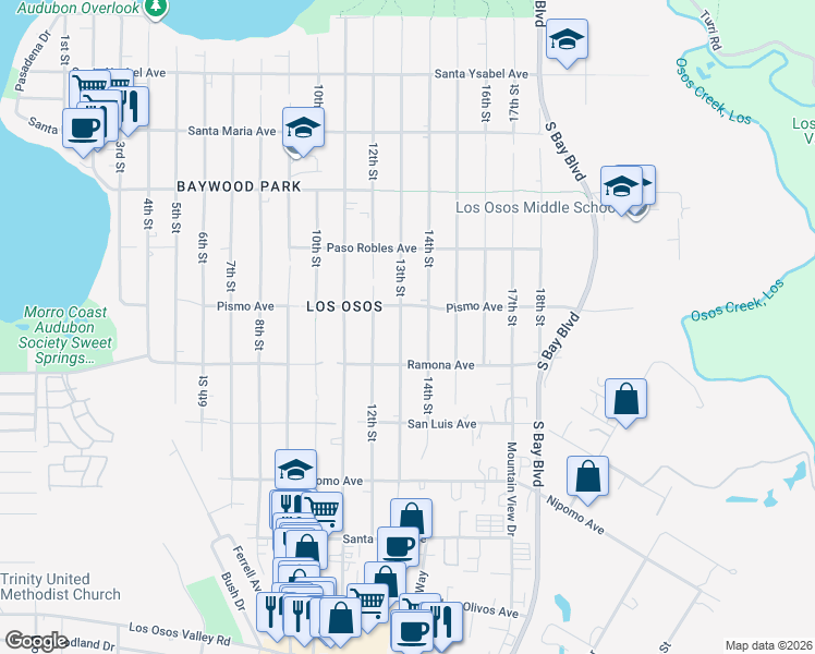 map of restaurants, bars, coffee shops, grocery stores, and more near 1630 13th Street in Baywood-Los Osos