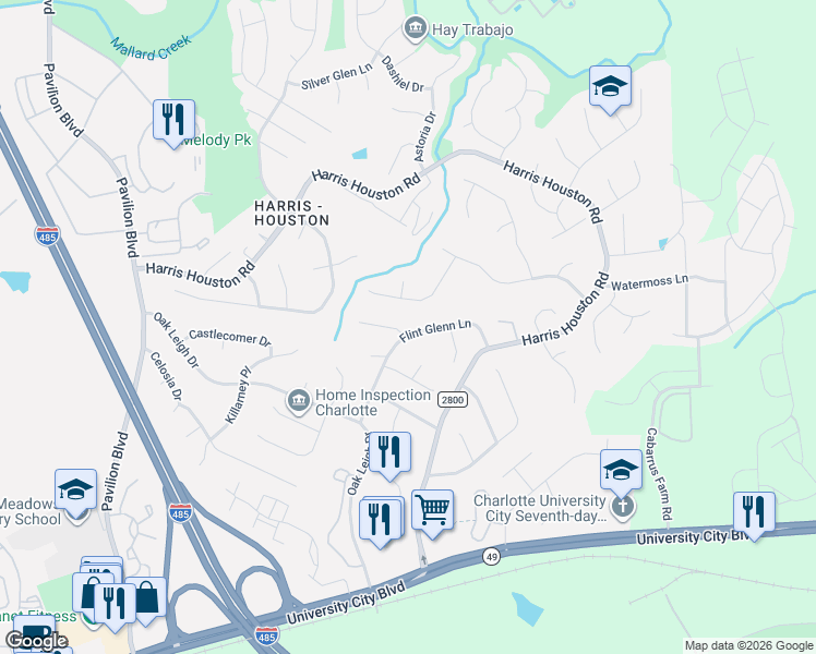 map of restaurants, bars, coffee shops, grocery stores, and more near 2101 Flint Glenn Ln in Charlotte