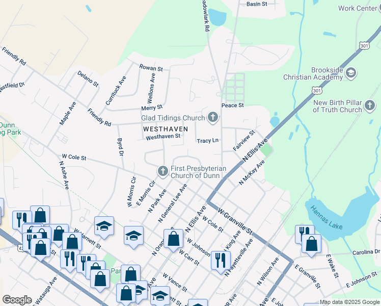 map of restaurants, bars, coffee shops, grocery stores, and more near 118 Fairfield Circle in Dunn