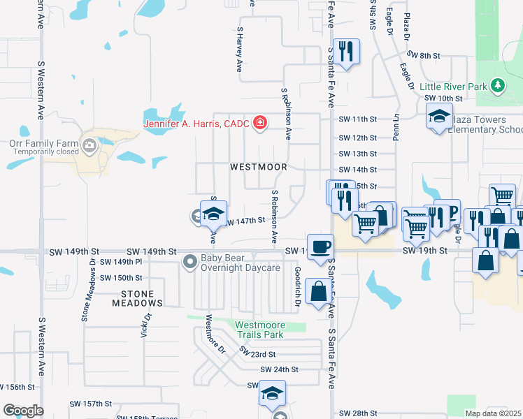 map of restaurants, bars, coffee shops, grocery stores, and more near 212 Southwest 146th Street in Oklahoma City