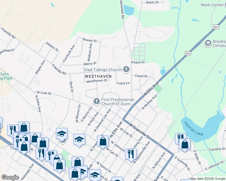 map of restaurants, bars, coffee shops, grocery stores, and more near 118 Fairfield Circle in Dunn