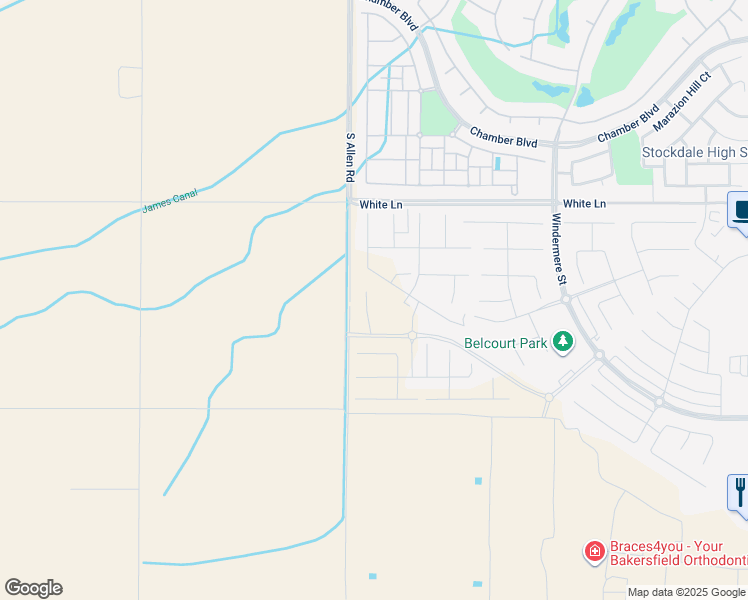map of restaurants, bars, coffee shops, grocery stores, and more near 3604 Pathway Court in Bakersfield